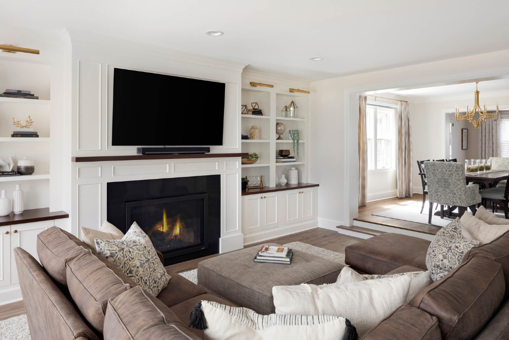 Custom living room built-ins with shelf styling.