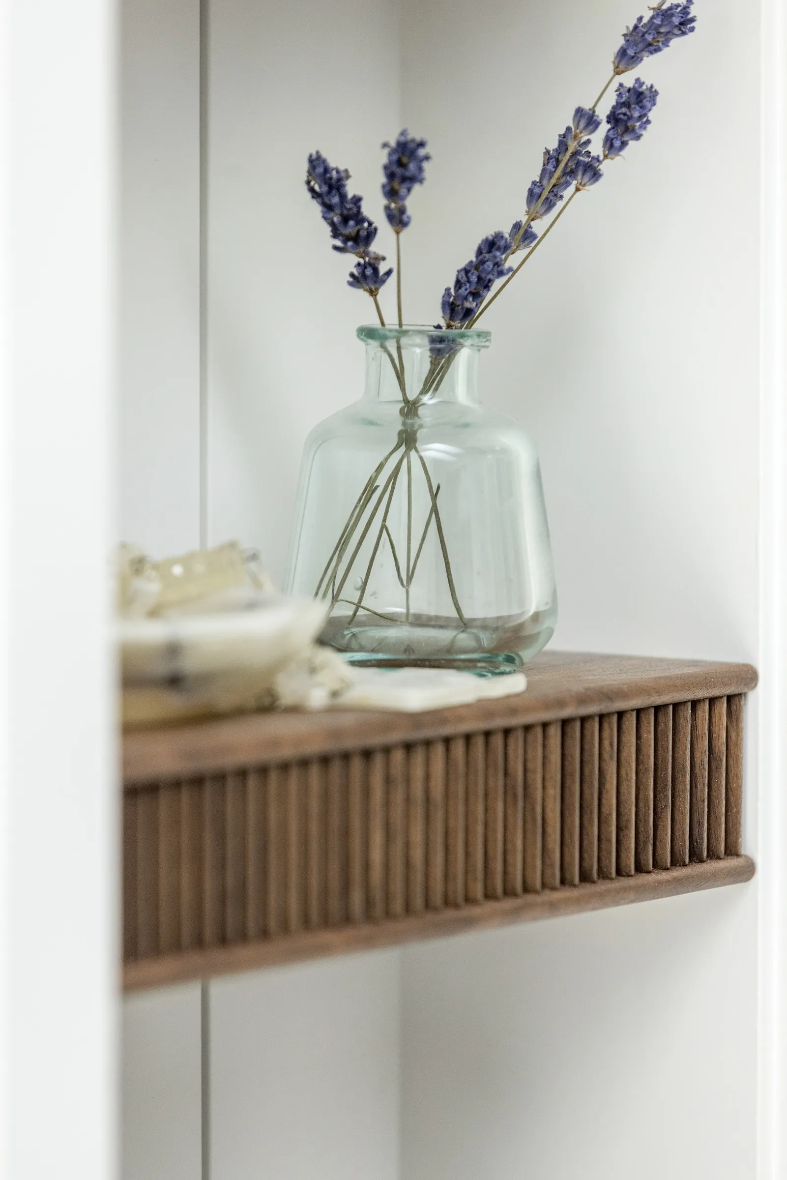 Reeded walnut open shelves