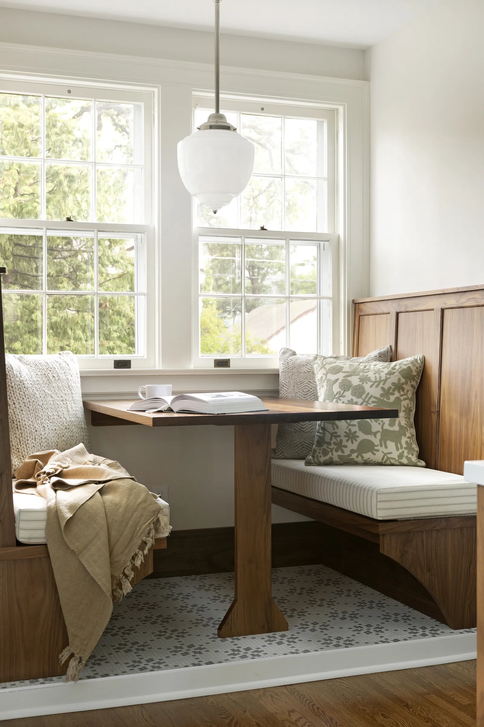 Breakfast nook benches, antique pendant lighting