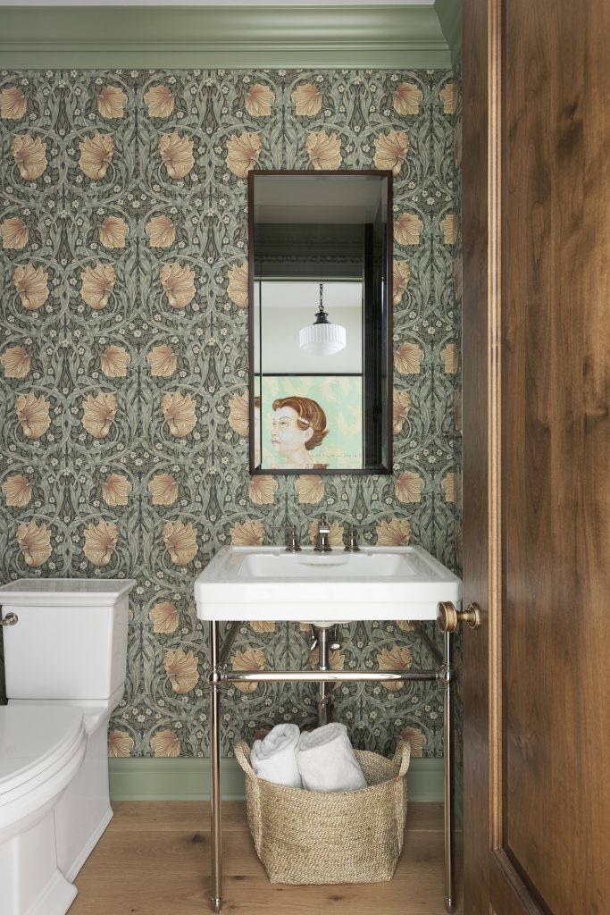 Powder room with William Morris Pimpernel wallpaper.