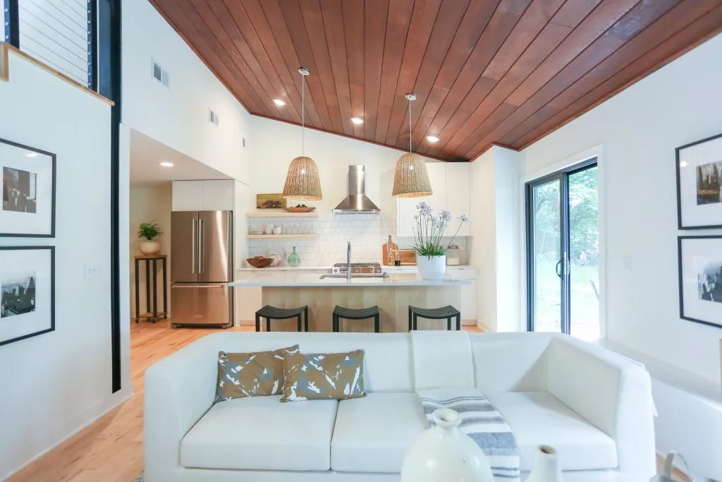 Mid Century modern kitchen with maple cabinetry and redwood ceiling panels
