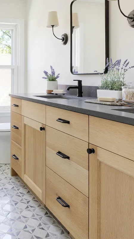 Custom white oak Dean vanity with marble floor tile and dark grey quartz countertop